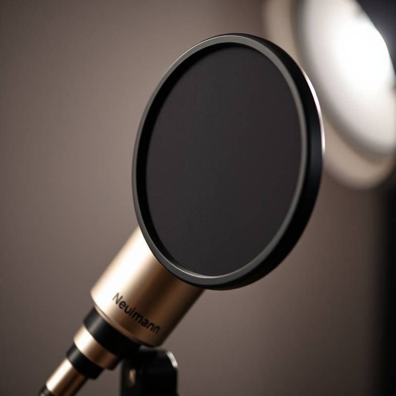 Foto de um microfone Neumann em frente a um filtro pop